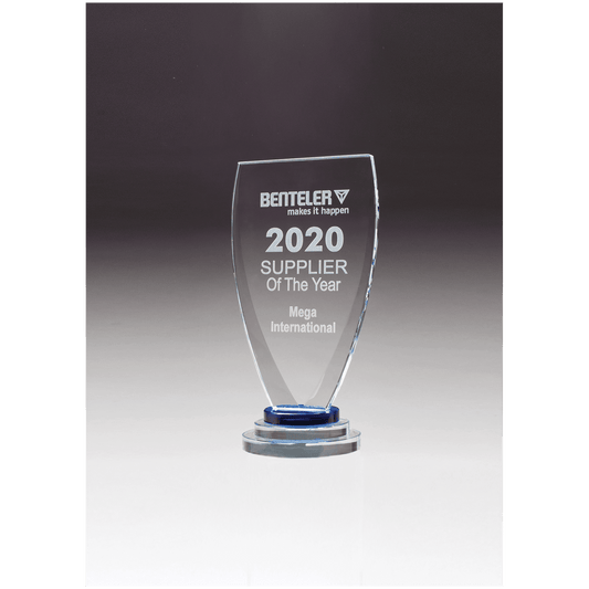 4" x 8 1/4" Chalice Series Sapphire Glass Award with Blue and Clear Glass Pedestal Base