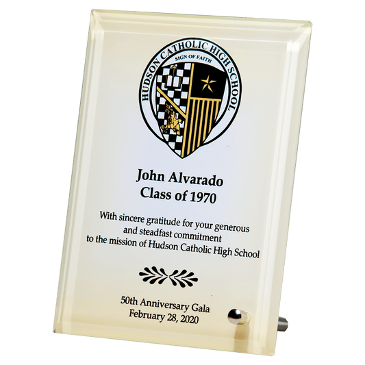 7" x 9" Sublimated Glass Plaque with Silver Post for Portrait or Landscape Presentation