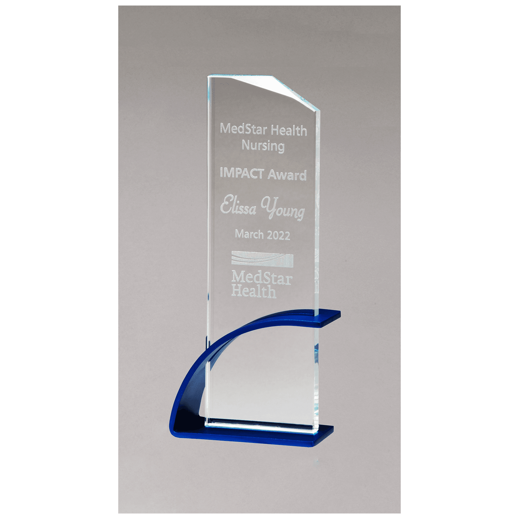 Blue Contemporary Clear 3 7/8" x 10 1/8" x 1/2" Thick Glass Award, Arched Base with Matte Metallic Finish