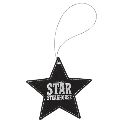 Black/Silver Silver Laserable Leatherette Star Ornament with String