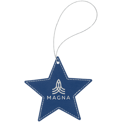 Blue/Silver Silver Laserable Leatherette Star Ornament with String