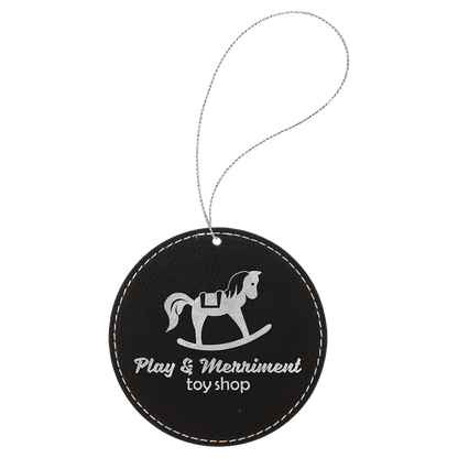 Black/Silver Silver Laserable Leatherette Round Ornament with String