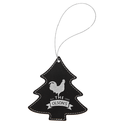 Black/Silver Silver Laserable Leatherette Tree Ornament with String