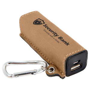 Light Brown Leatherette Power Bank with Charging Cord and Carabiner