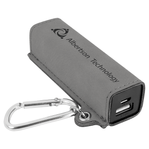 Gray Leatherette Power Bank with Charging Cord and Carabiner