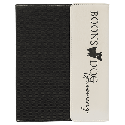 White Laserable Leatherette / Black 7" x 9" Canvas Portfolio with Notepad