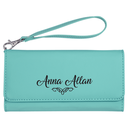 Teal 7 1/2" x 4" Laserable Leatherette Wallet with Strap