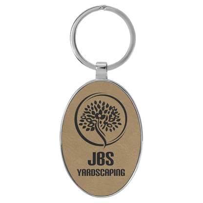 Light Brown 3" x 1 3/4" Laserable Leatherette/Metal Oval Keychain