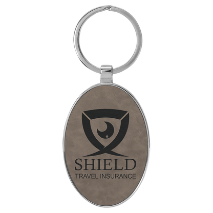 Gray 3" x 1 3/4" Laserable Leatherette/Metal Oval Keychain