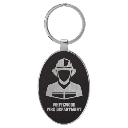 Black/Silver 3" x 1 3/4" Laserable Leatherette/Metal Oval Keychain