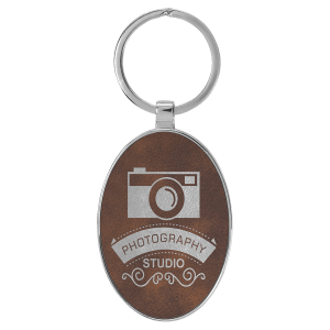 Rustic/Silver Leatherette Oval Keychain with Metal Frame