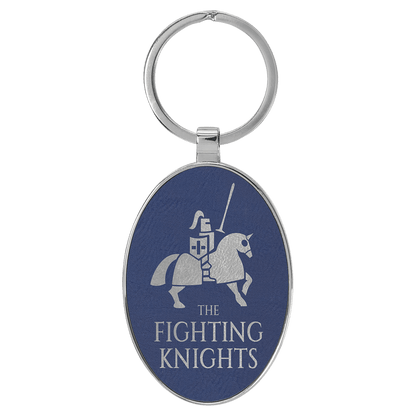 Blue/Silver 3" x 1 3/4" Laserable Leatherette/Metal Oval Keychain
