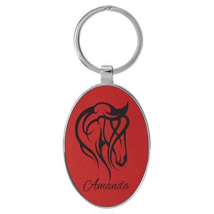 Red 3" x 1 3/4" Laserable Leatherette/Metal Oval Keychain