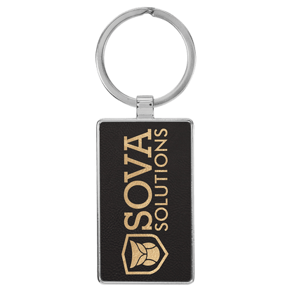 Black/Gold 2 3/4" x 1 1/4" Laserable Leatherette/Metal Rectangle Keychain