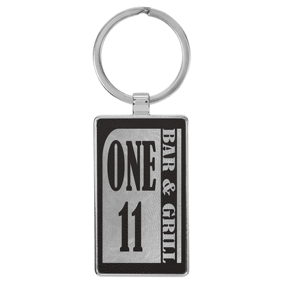 Black/Silver 2 3/4" x 1 1/4" Laserable Leatherette/Metal Rectangle Keychain