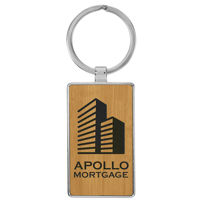 Bamboo 2 3/4" x 1 1/4" Laserable Leatherette/Metal Rectangle Keychain