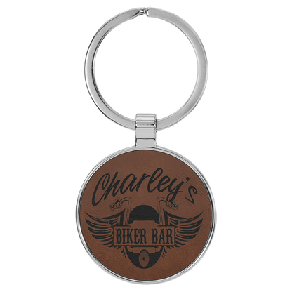 Dark Brown 1 1/2" Laserable Leatherette/Metal Round Keychain