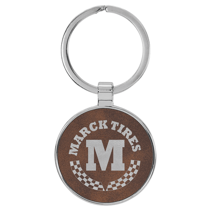 Rustic/Silver 1 1/2" Laserable Leatherette/Metal Round Keychain