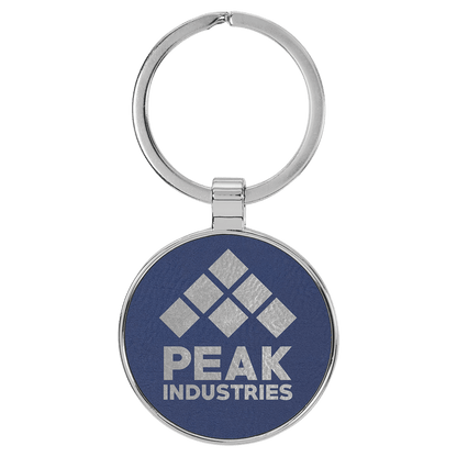 Blue/Silver 1 1/2" Laserable Leatherette/Metal Round Keychain
