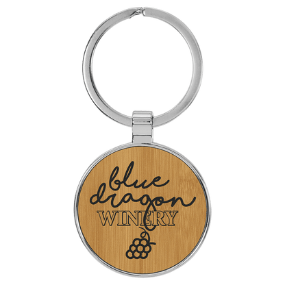 Bamboo 1 1/2" Laserable Leatherette/Metal Round Keychain