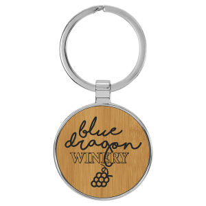 Bamboo Leatherette Round Keychain with Metal Frame