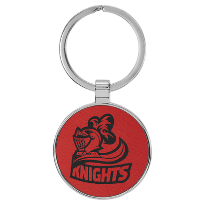 Red 1 1/2" Laserable Leatherette/Metal Round Keychain