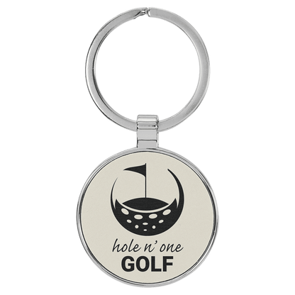 White 1 1/2" Laserable Leatherette/Metal Round Keychain