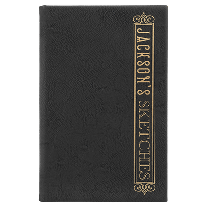 Black/Gold 5 1/4" x 8 1/4" Laserable Leatherette Sketch Book with Unlined Notepad