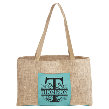 Teal 19" x 12" Burlap Bag with 5" Laserable Leatherette Gusset