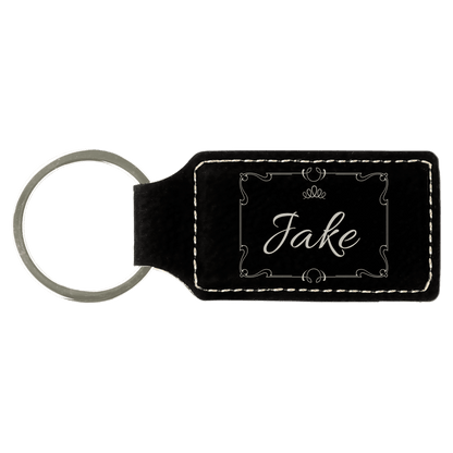Black/Silver 2 3/4" x 1 1/4" Laserable Leatherette Rectangle Keychain