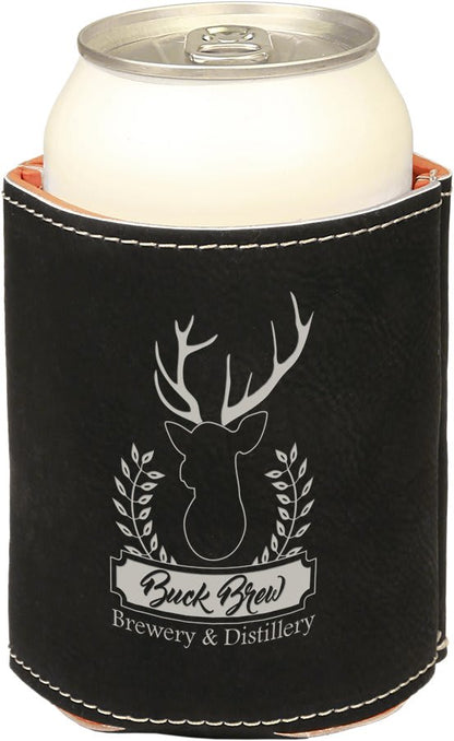 Black/Silver 3 3/4" Laserable Leatherette Beverage Holder