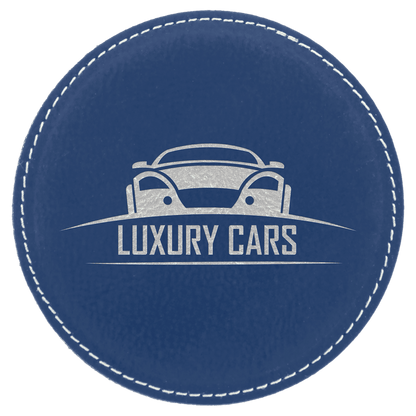 Blue/Silver 4" Round Laserable Leatherette Coaster
