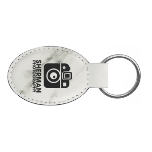 White Marble Leatherette Oval Keychain