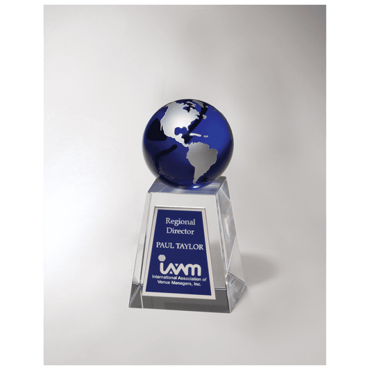 2 5/8" x 5 1/4" Crystal Trophy with Blue Globe and Blue/Silver Plate