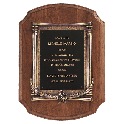 Walnut Notch Corner Plaque w/Antique Bronze Frame/Black Brass 11" x 15" American Plate