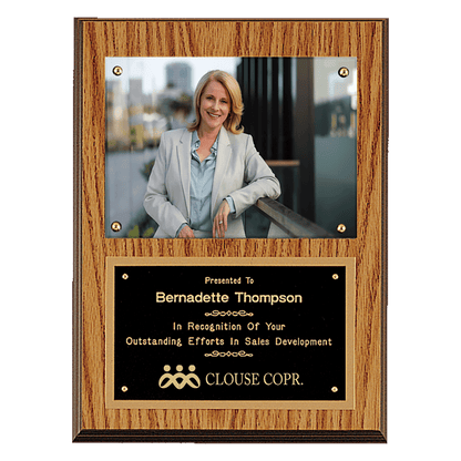 Oak Finish Photo Plaque with Black Brass 9" x 12" American Plates-Photo Size 5" x 7"