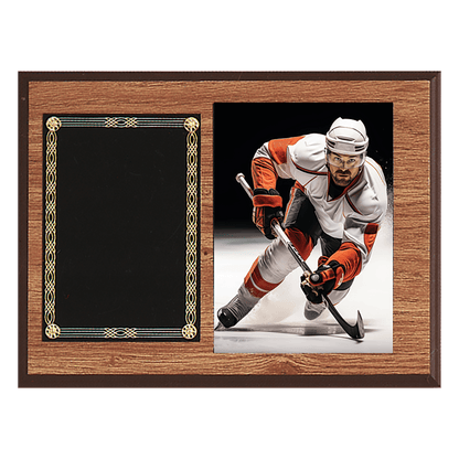 Oak Finish Photo Plaque with Black Brass 2 9" x 12" American Plates-Photo Size 5" x 7"