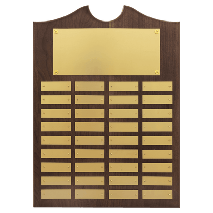 Walnut 36 Plate Perpetual Plaque with Brushed Brass 14" x 20"/Plates 7/8" x 2 3/4" American Plates