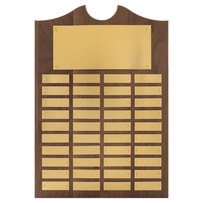 Walnut 40 Plate Perpetual Plaque with Brushed Brass 14" x 20"/Plates 7/8" x 2 3/4" American Plates