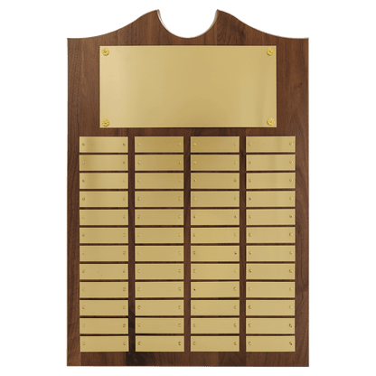 Walnut 48 Plate Perpetual Plaque with Brushed Brass 14" x 20"/Plates 7/8" x 2 3/4" American Plates