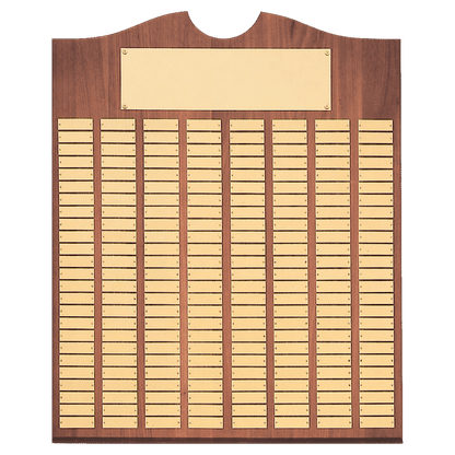 Walnut 72 Plate Perpetual Plaque with Brushed Brass 14" x 25"/Plates 7/8" x 2 3/4" American Plates