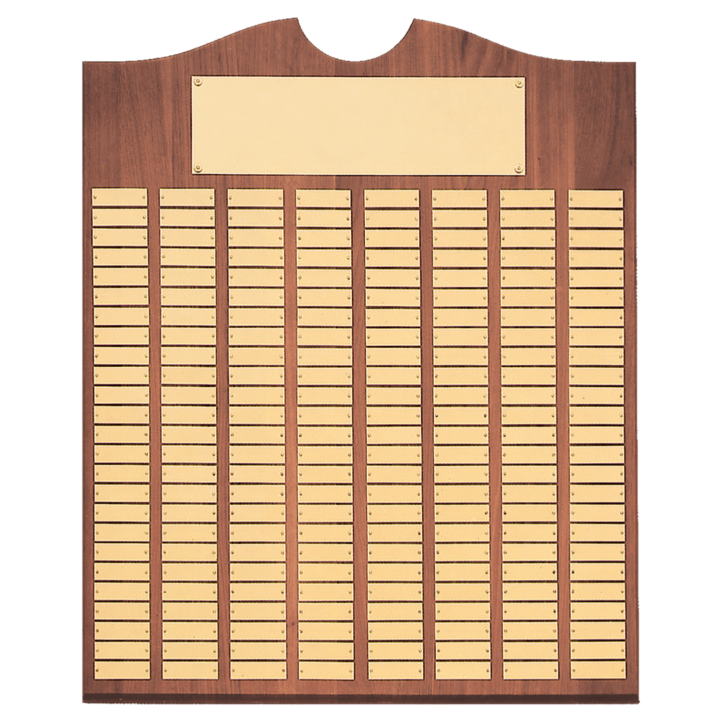 Walnut 100 Plate Perpetual Plaque with Brushed Brass 20" x 30"/Plates 7/8" x 2 3/4" American Plates