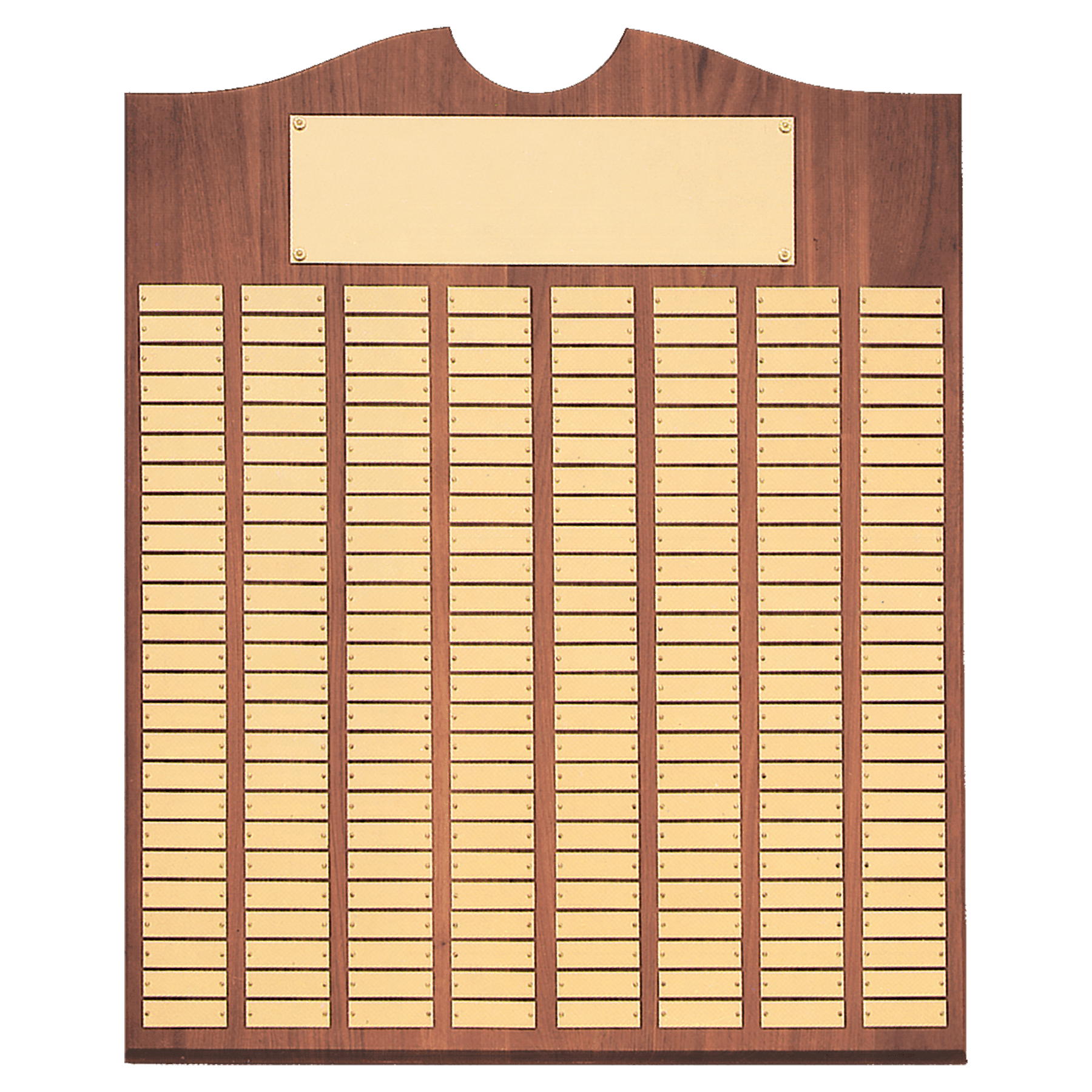 Walnut 200 Plate Perpetual Plaque with Brushed Brass 28" x 35"/Plates 7/8" x 2 3/4" American Plates