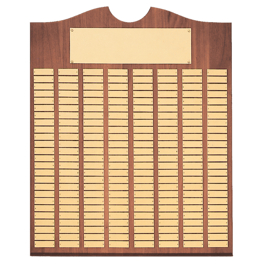 Walnut 240 Plate Perpetual Plaque with Brushed Brass 28" x 35"/Plates 7/8" x 2 3/4" American Plates