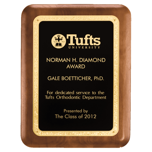 7" x 8" American Walnut Plaque with Textured Black LaserFX Plate with Gold Florentine Border