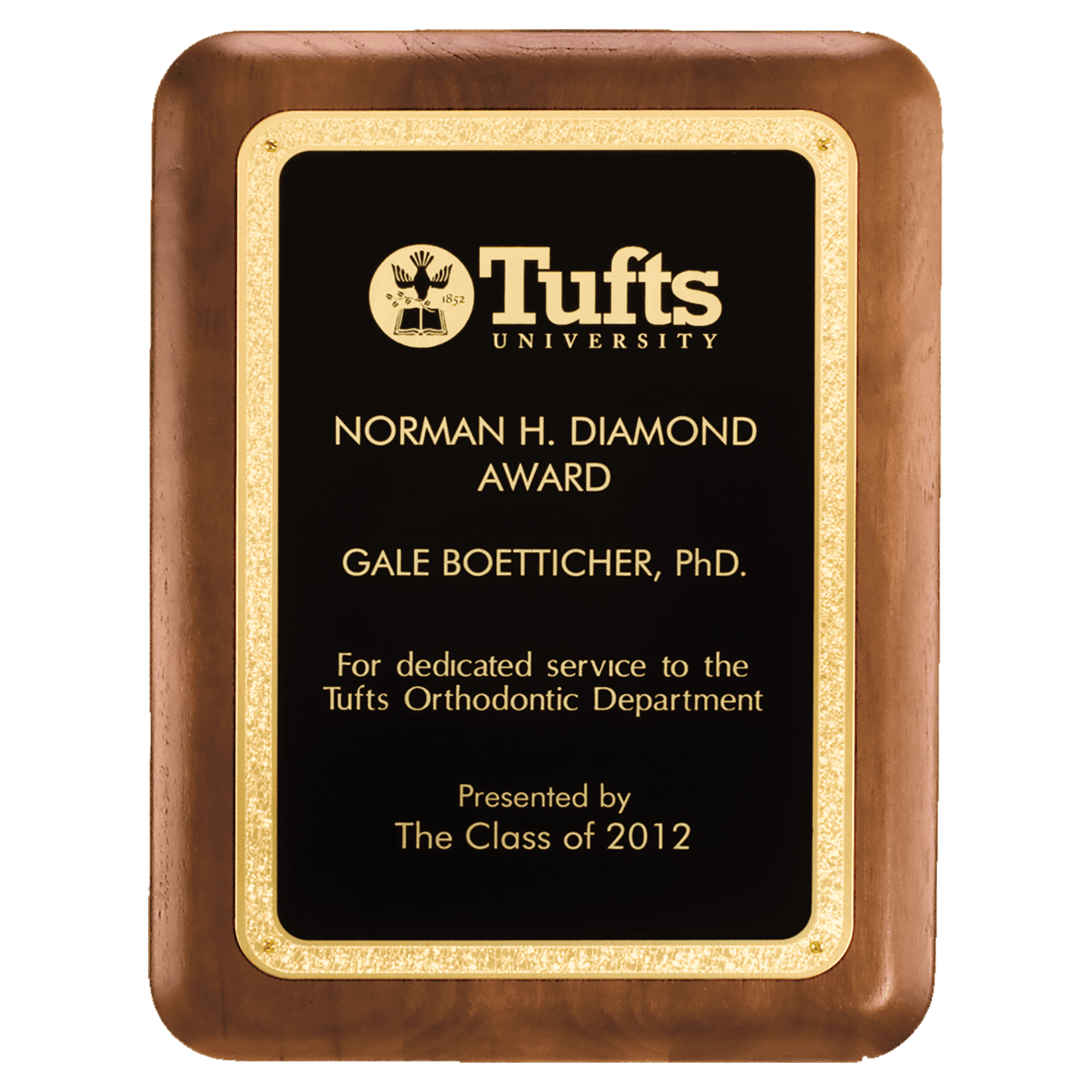 9" x 12" American Walnut Plaque with Textured Black LaserFX plate with Gold Florentine Border