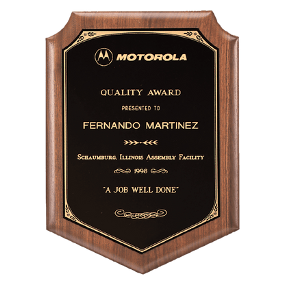 Walnut Plaque with Gold Border Laserable Black Brass 8" x 10 1/2" American Plate