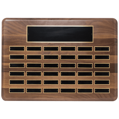Walnut 36 Plate Perpetual Plaque with Black Brass 15" x 21"/Plates 7/8" x 2 3/4" American Plated Steel Plates