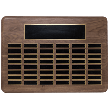 Walnut 48 Plate Perpetual Plaque with Black Brass 15" x 21"/Plates 7/8" x 2 3/4" American Plated Steel Plates