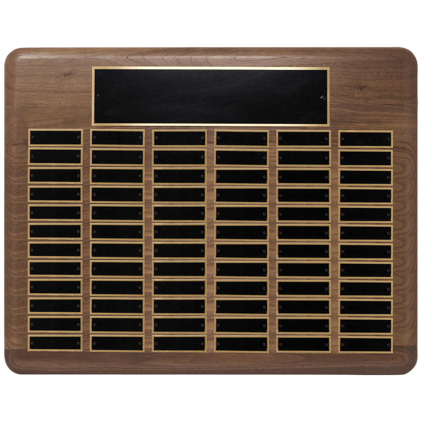 Walnut 72 Plate Perpetual Plaque with Black Brass 22" x 30"/Plates 7/8" x 2 3/4" American Plated Steel Plates